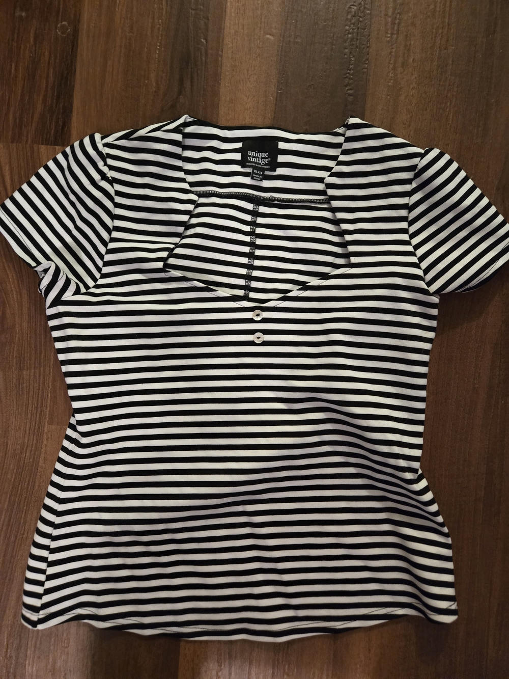 Unique Vintage Black & White Stripe. Key Hole Neck Short Sleeve Top